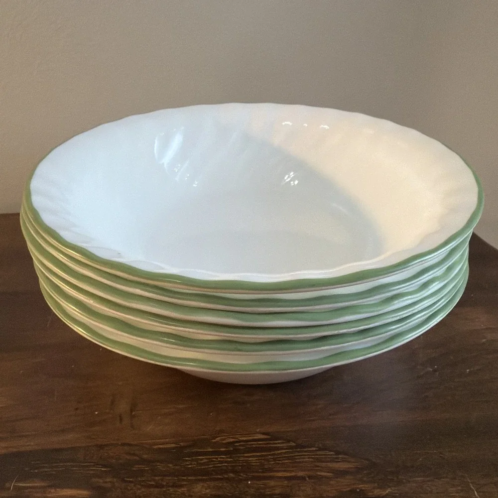 Set of 6 Corelle Chutney White Swirl Green Rim Soup Cereal Bowls 7.25